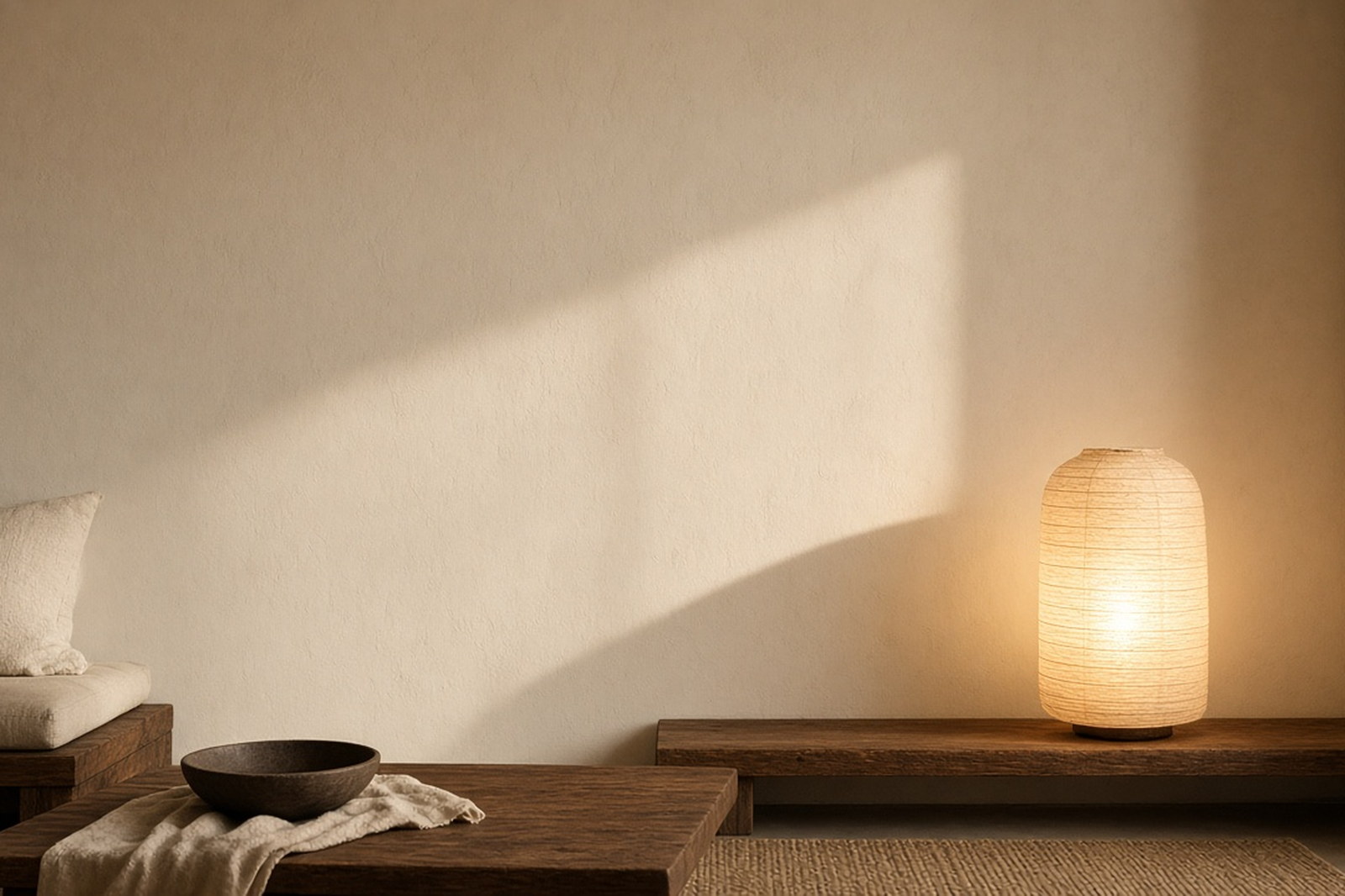 Sala com uma única luz quente, sombra longa, sem tela.